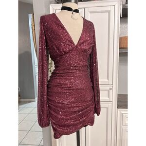 Windsor Burgundy Sequin Mini Dress Long Sleeve V-Neck Medium Holiday